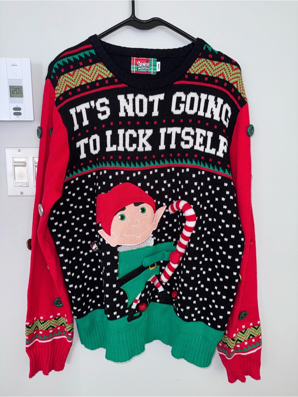 Men’s Large Funny Naughty Holiday Sweater - Button Elf Design